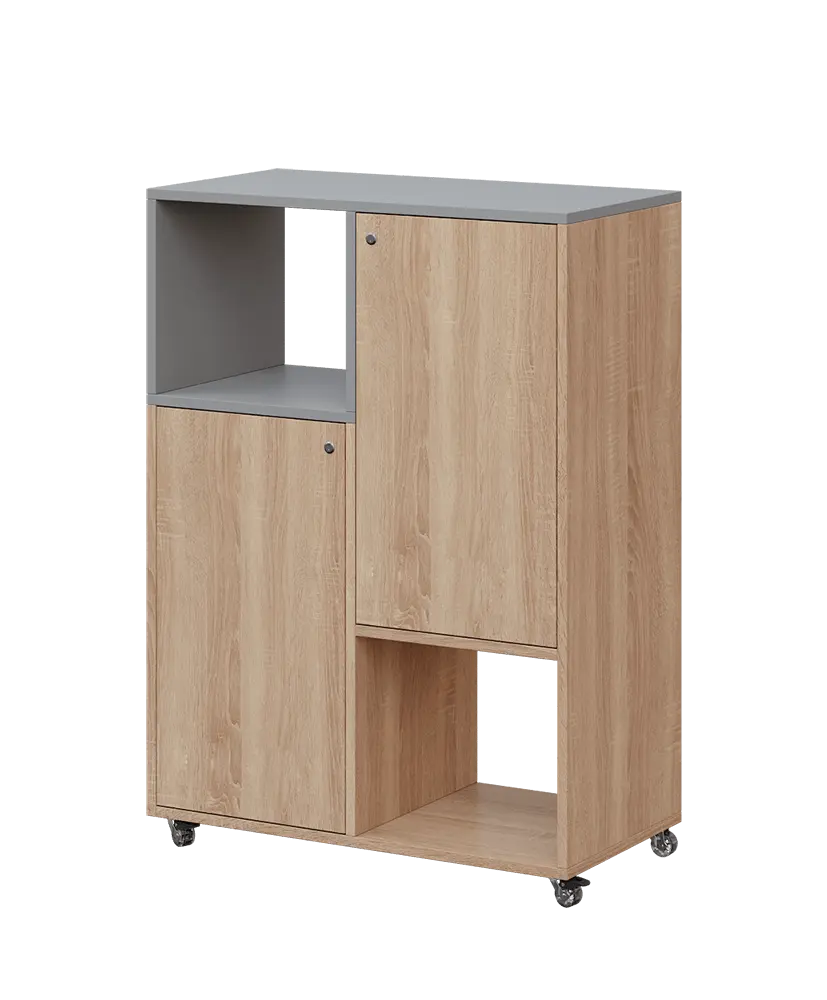 AERO 34 L kancelářská skříň, 2-dveřová/4 niky, levá, 1100x800x400, kolečka, chinchilla šedá/dub bardolino