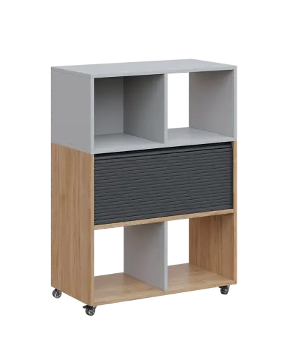 AERO 35 kancelářská skříň, roletková/4 niky, 1100x800x400, kolečka, šedá/dub hickory