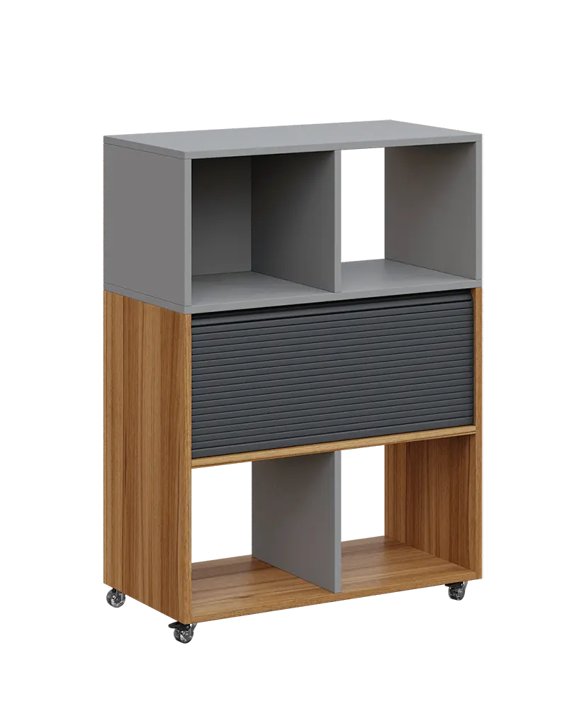 AERO 35 kancelářská skříň, roletková/4 niky, 1100x800x400, kolečka, chinchilla šedá/ořech světlý