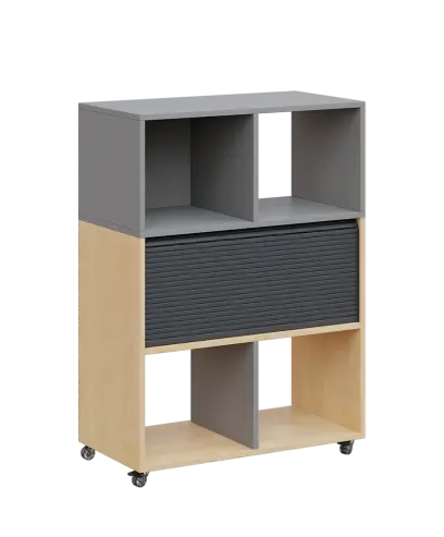 AERO 35 kancelářská skříň, roletková/4 niky, 1100x800x400, kolečka, chinchilla šedá/bříza irská