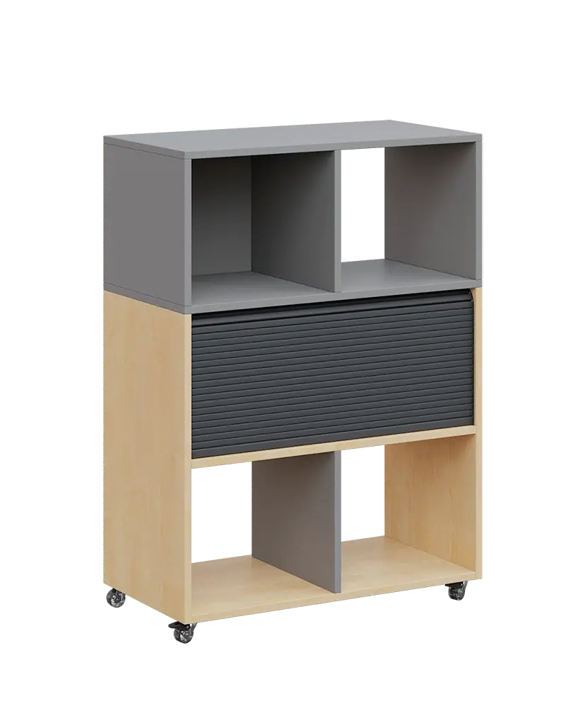 AERO 35 kancelářská skříň, roletková/4 niky, 1100x800x400, kolečka, chinchilla šedá/bříza irská