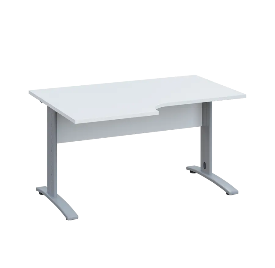 LKR 28 - 146 stůl kancelářský, rohový, levý, kovová podnož stříbrná, deska 25 mm, široký 1400 mm, bílá