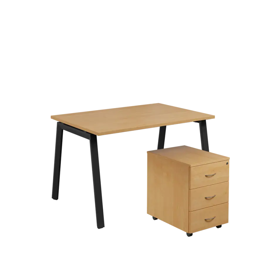 SET-A 328 stůl kancelářský, kovová podnož černá + kontejner pojízdný, 3-zásuvkový, javor horský