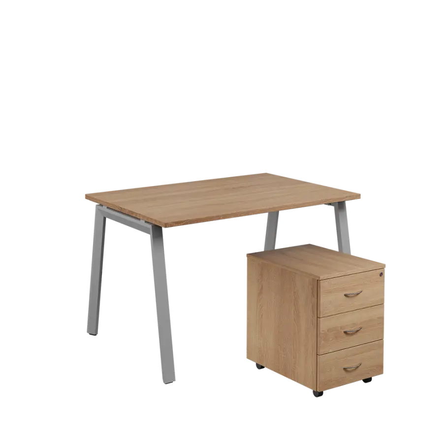 SET-A 328 stůl kancelářský, kovová podnož stříbrná + kontejner pojízdný, 3-zásuvkový, dub bardolino