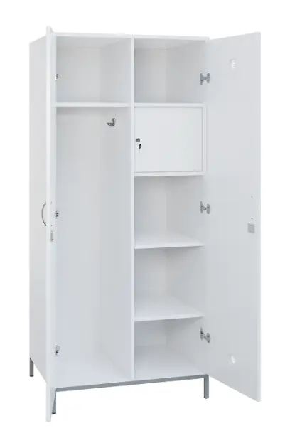 SLN - 83S šatní skříň dřevěná, 2-dveřová, háček, police, trezor, 1800 x 800 x 500, kovové nohy, bílá SLN - 83S šatní skříň dřevěná, 2-dveřová, háček, police, trezor, 1800 x 800 x 500, kovové nohy, bílá