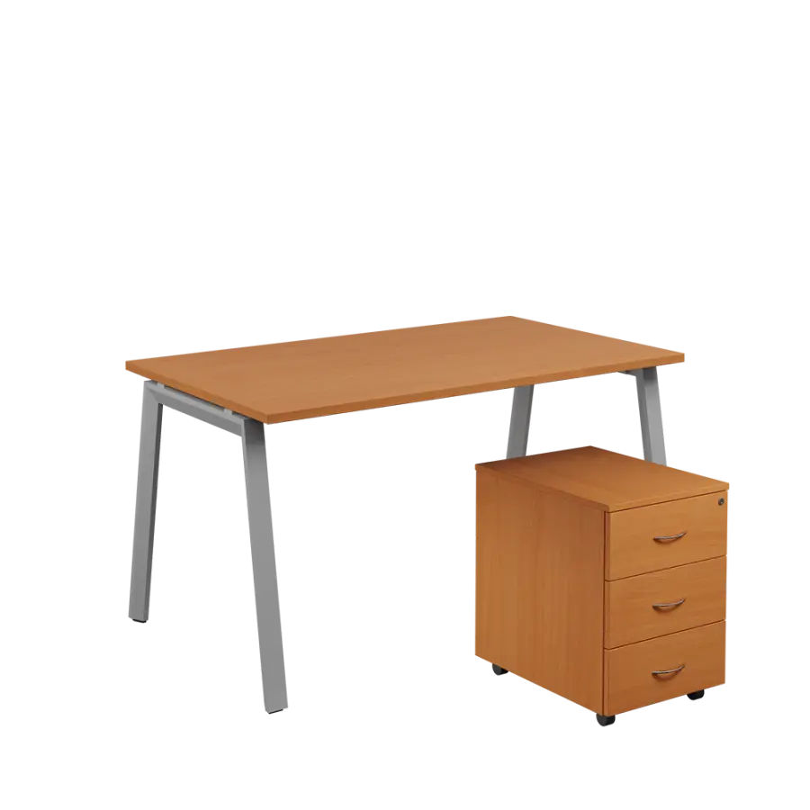 SET-A 348 stůl kancelářský, kovová podnož stříbrná + kontejner pojízdný, 3-zásuvkový, buk royal