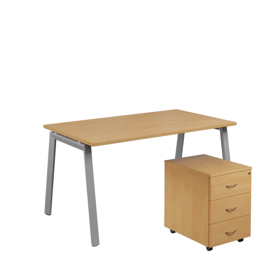 SET-A 348 stůl kancelářský, kovová podnož stříbrná + kontejner pojízdný, 3-zásuvkový, javor horský