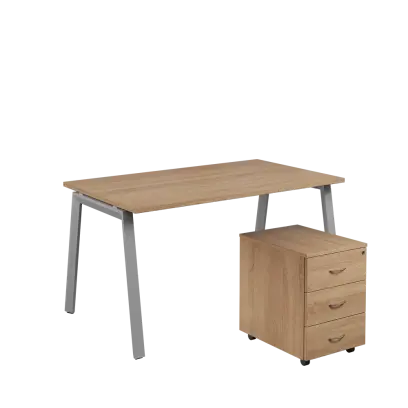 SET-A 348 stůl kancelářský, kovová podnož stříbrná + kontejner pojízdný, 3-zásuvkový, dub bardolino