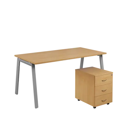 SET-A 368 stůl kancelářský, kovová podnož stříbrná + kontejner pojízdný, 3-zásuvkový, javor horský