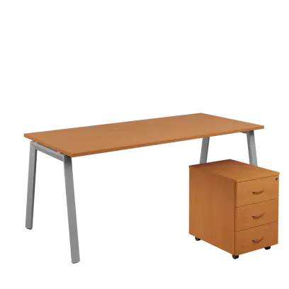 SET-A 388 stůl kancelářský, kovová podnož stříbrná + kontejner pojízdný, 3-zásuvkový, buk royal