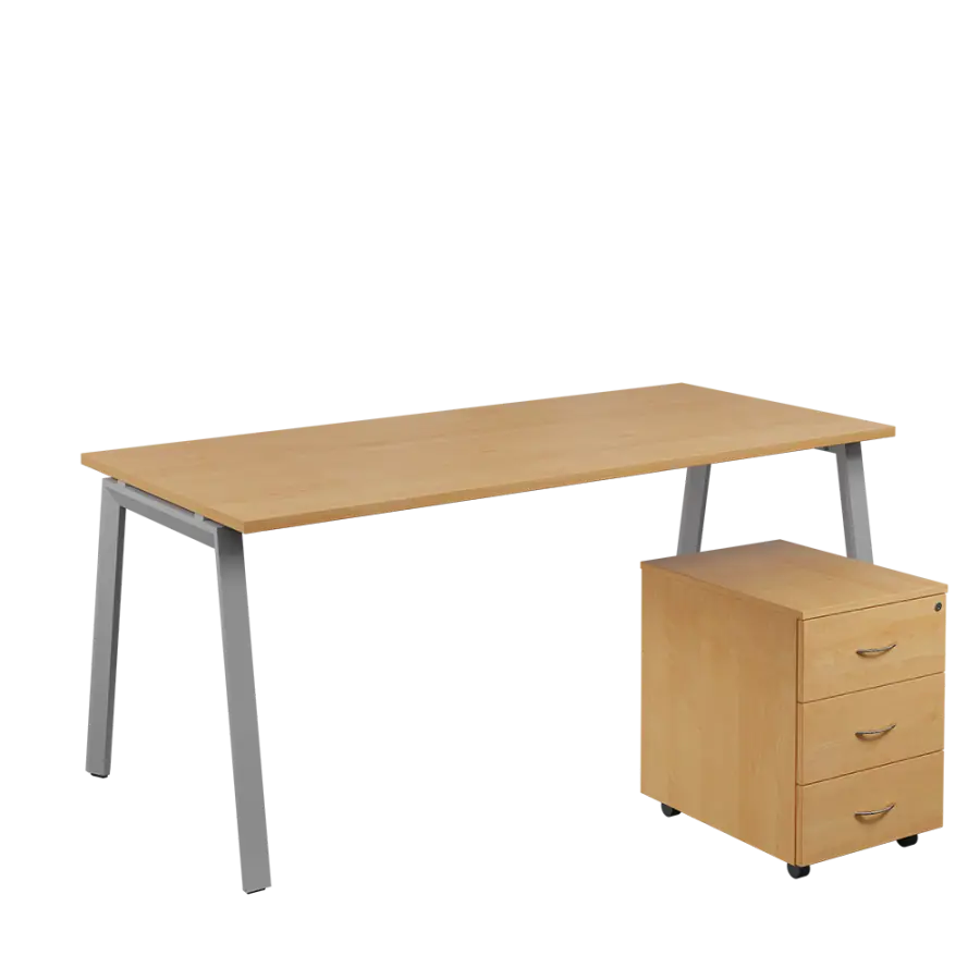 SET-A 388 stůl kancelářský, kovová podnož stříbrná + kontejner pojízdný, 3-zásuvkový, javor horský