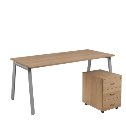 SET-A 388 stůl kancelářský, kovová podnož stříbrná + kontejner pojízdný, 3-zásuvkový, dub bardolino