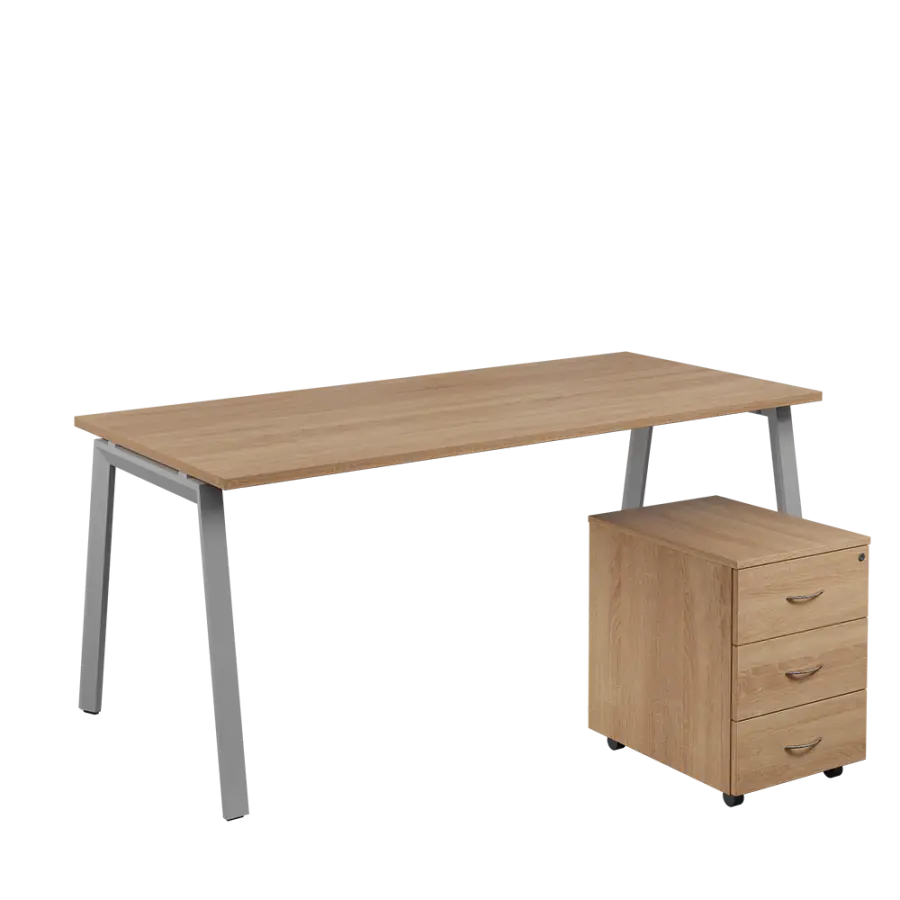 SET-A 388 stůl kancelářský, kovová podnož stříbrná + kontejner pojízdný, 3-zásuvkový, dub bardolino