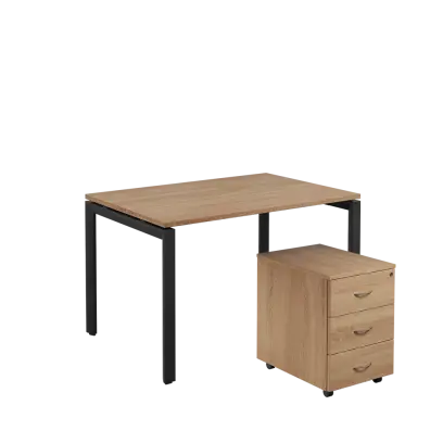 SET-U 328 stůl kancelářský, kovová podnož černá + kontejner pojízdný, 3-zásuvkový, dub bardolino