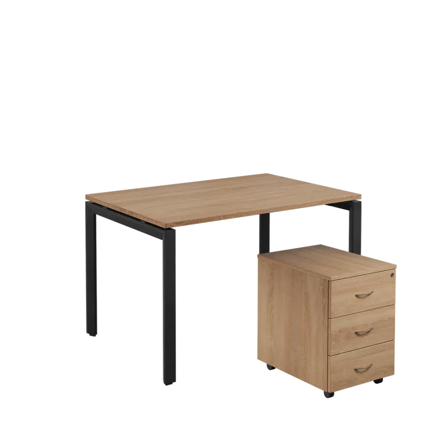 SET-U 328 stůl kancelářský, kovová podnož černá + kontejner pojízdný, 3-zásuvkový, dub bardolino