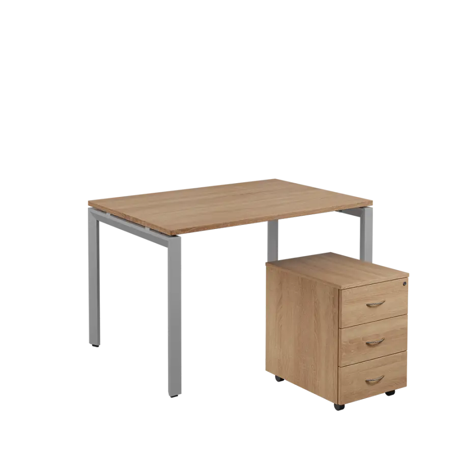 SET-U 328 stůl kancelářský, kovová podnož stříbrná + kontejner pojízdný, 3-zásuvkový, dub bardolino