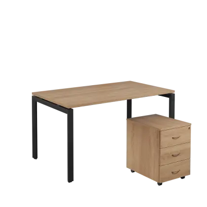 SET-U 348 stůl kancelářský, kovová podnož černá + kontejner pojízdný, 3-zásuvkový, dub bardolino