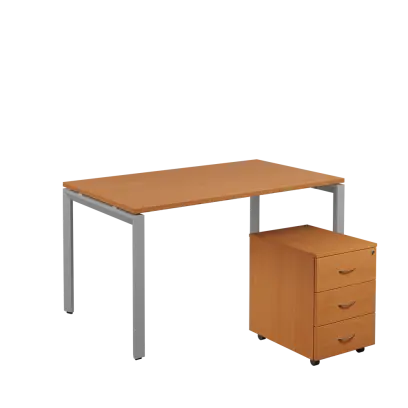 SET-U 348 stůl kancelářský, kovová podnož stříbrná + kontejner pojízdný, 3-zásuvkový, buk royal