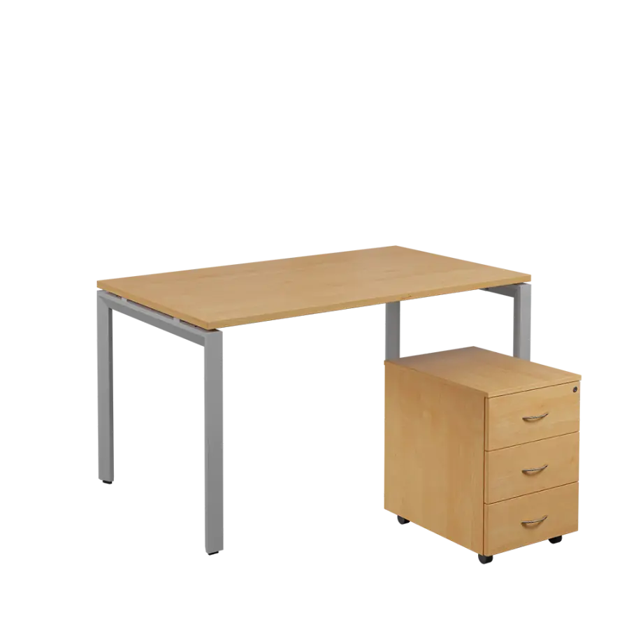 SET-U 348 stůl kancelářský, kovová podnož stříbrná + kontejner pojízdný, 3-zásuvkový, javor horský