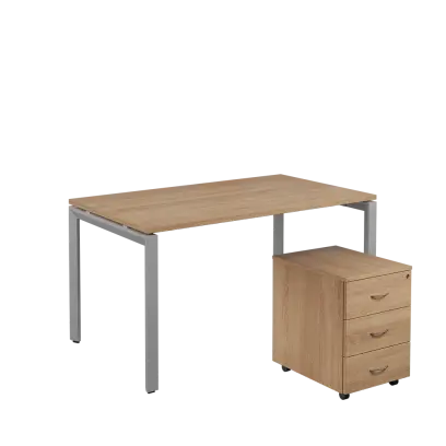 SET-U 348 stůl kancelářský, kovová podnož stříbrná + kontejner pojízdný, 3-zásuvkový, dub bardolino