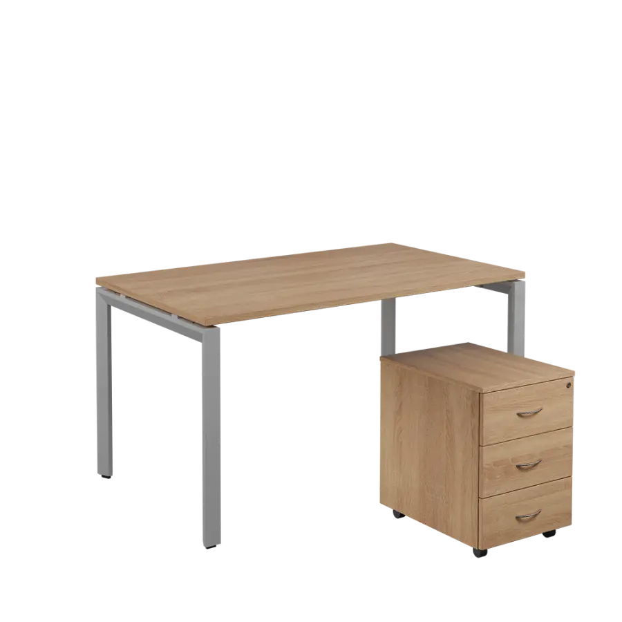 SET-U 348 stůl kancelářský, kovová podnož stříbrná + kontejner pojízdný, 3-zásuvkový, dub bardolino