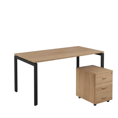 SET-U 368 stůl kancelářský, kovová podnož černá + kontejner pojízdný, 3-zásuvkový, dub bardolino