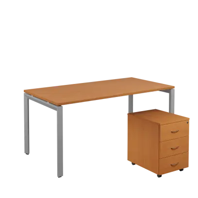 SET-U 368 stůl kancelářský, kovová podnož stříbrná + kontejner pojízdný, 3-zásuvkový, buk royal