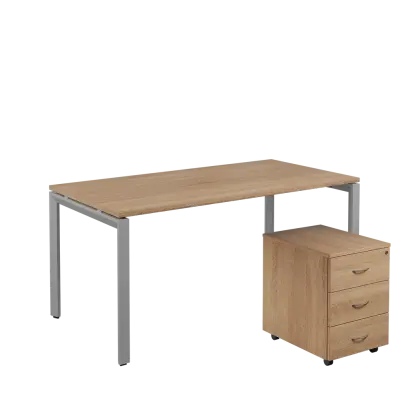 SET-U 368 stůl kancelářský, kovová podnož stříbrná + kontejner pojízdný, 3-zásuvkový, dub bardolino