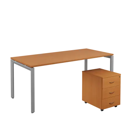 SET-U 388 stůl kancelářský, kovová podnož stříbrná + kontejner pojízdný, 3-zásuvkový, buk royal