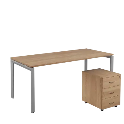 SET-U 388 stůl kancelářský, kovová podnož stříbrná + kontejner pojízdný, 3-zásuvkový, dub bardolino