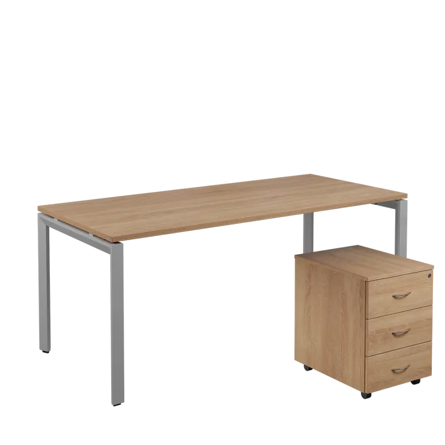 SET-U 388 stůl kancelářský, kovová podnož stříbrná + kontejner pojízdný, 3-zásuvkový, dub bardolino