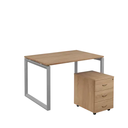 SET-O 328 stůl kancelářský, kovová podnož stříbrná + kontejner pojízdný, 3-zásuvkový, dub bardolino