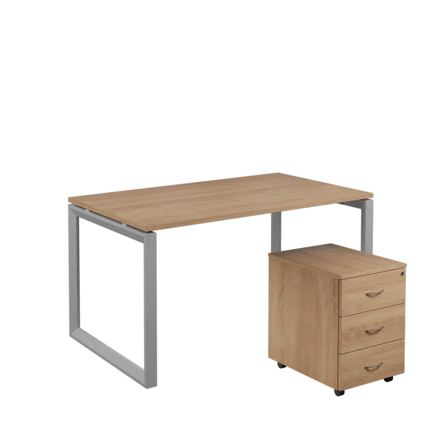 SET-O 348 stůl kancelářský, kovová podnož stříbrná + kontejner pojízdný, 3-zásuvkový, dub bardolino