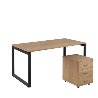 SET-O 368 stůl kancelářský, kovová podnož černá + kontejner pojízdný, 3-zásuvkový, dub bardolino