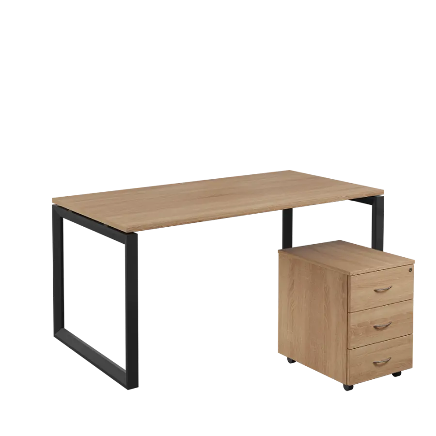 SET-O 368 stůl kancelářský, kovová podnož černá + kontejner pojízdný, 3-zásuvkový, dub bardolino