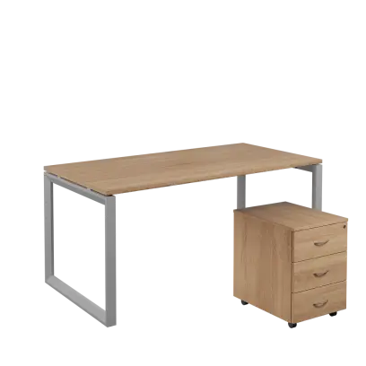 SET-O 368 stůl kancelářský, kovová podnož stříbrná + kontejner pojízdný, 3-zásuvkový, dub bardolino