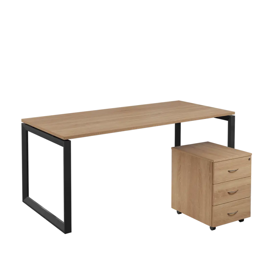 SET-O 388 stůl kancelářský, kovová podnož černá + kontejner pojízdný, 3-zásuvkový, dub bardolino