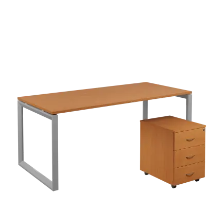 SET-O 388 stůl kancelářský, kovová podnož stříbrná + kontejner pojízdný, 3-zásuvkový, buk royal