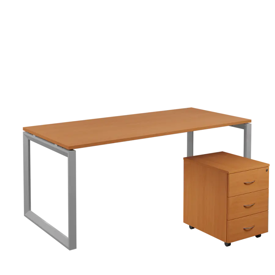 SET-O 388 stůl kancelářský, kovová podnož stříbrná + kontejner pojízdný, 3-zásuvkový, buk royal