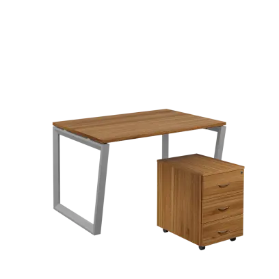 SET-V 328 stůl kancelářský, kovová podnož stříbrná + kontejner pojízdný, 3-zásuvkový, ořech světlý