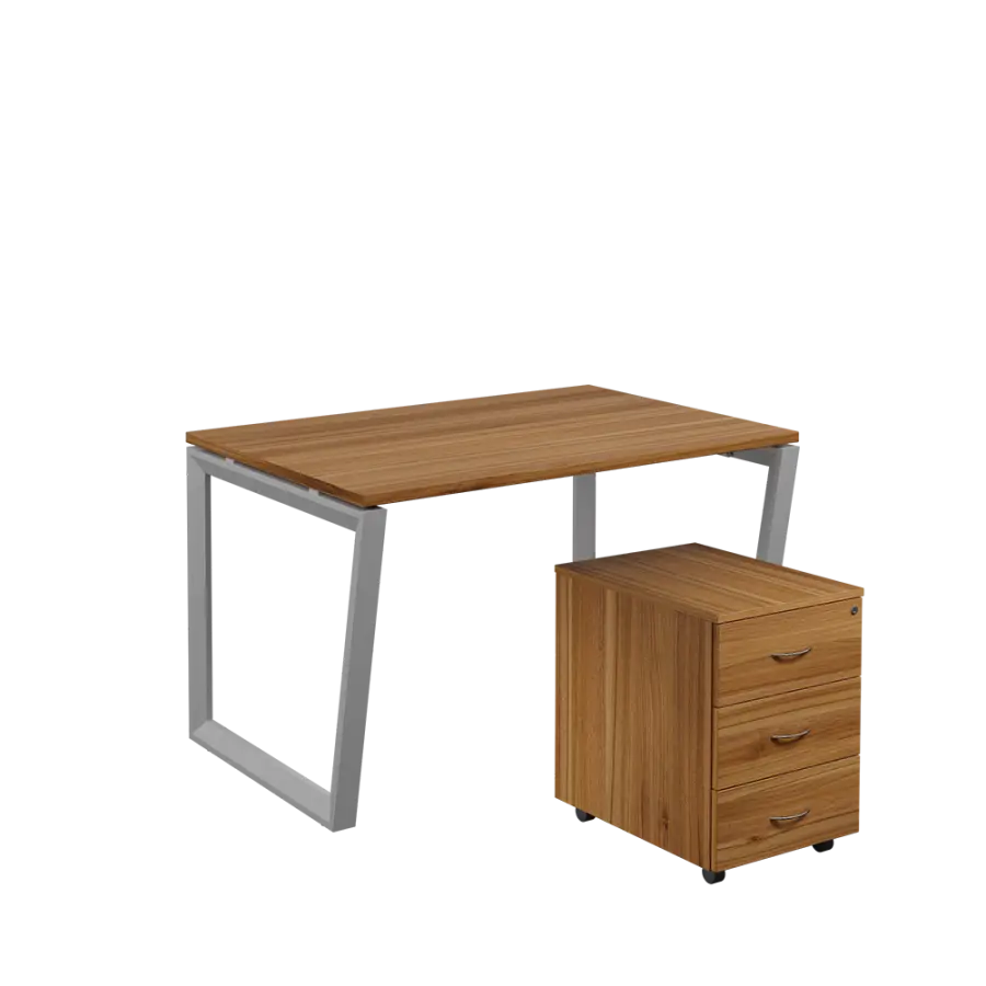 SET-V 328 stůl kancelářský, kovová podnož stříbrná + kontejner pojízdný, 3-zásuvkový, ořech světlý