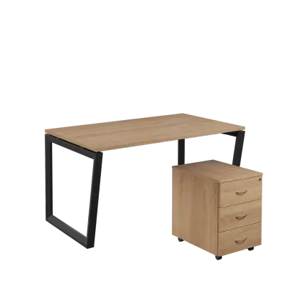 SET-V 348 stůl kancelářský, kovová podnož černá + kontejner pojízdný, 3-zásuvkový, dub bardolino