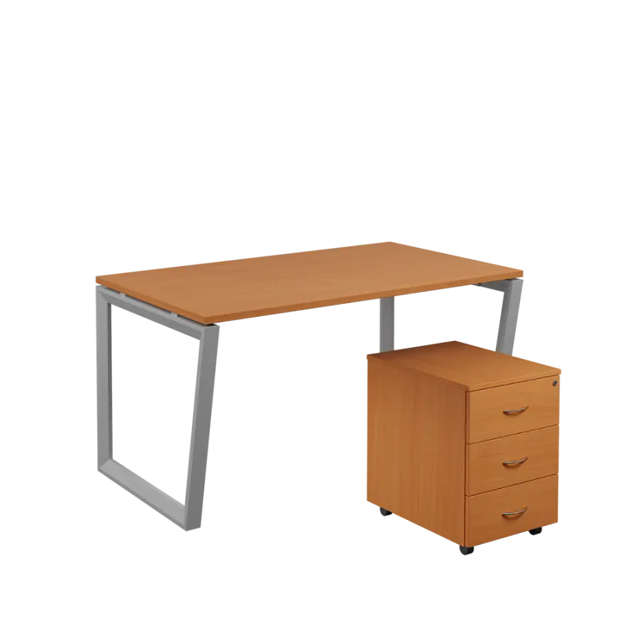 SET-V 348 stůl kancelářský, kovová podnož stříbrná + kontejner pojízdný, 3-zásuvkový, buk royal