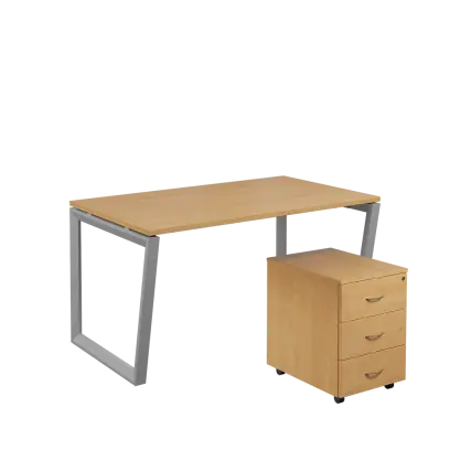 SET-V 348 stůl kancelářský, kovová podnož stříbrná + kontejner pojízdný, 3-zásuvkový, javor horský