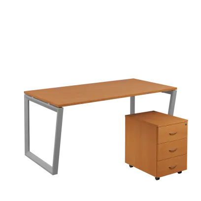 SET-V 368 stůl kancelářský, kovová podnož stříbrná + kontejner pojízdný, 3-zásuvkový, buk royal