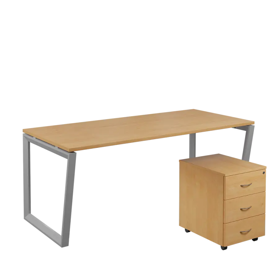 SET-V 388 stůl kancelářský, kovová podnož stříbrná + kontejner pojízdný, 3-zásuvkový, javor horský