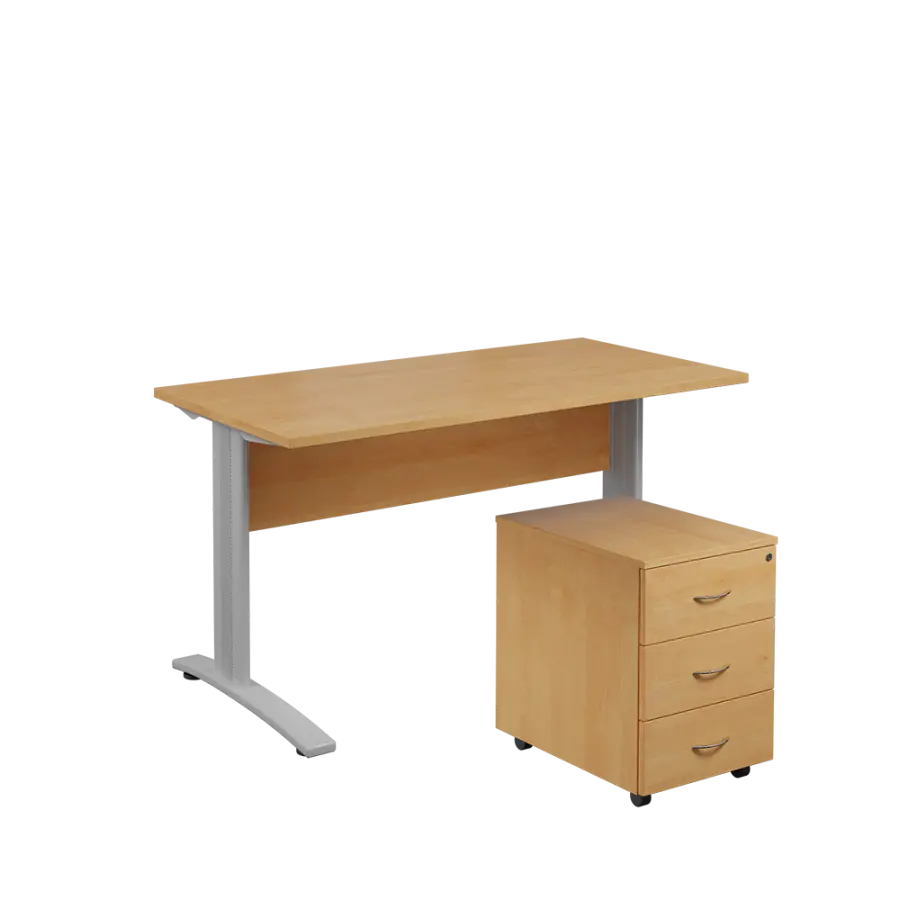 SET 547 stůl kancelářský, kovová podnož stříbrná + kontejner pojízdný, 3-zásuvkový, javor horský