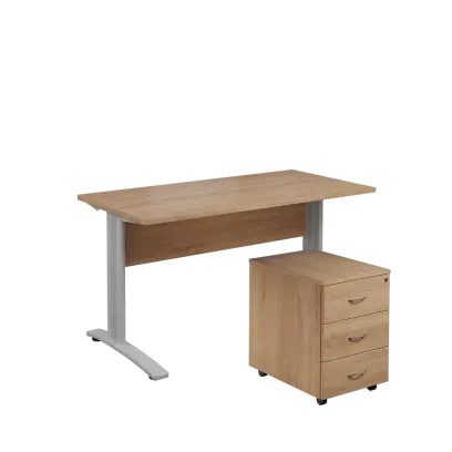 SET 547 stůl kancelářský, kovová podnož stříbrná + kontejner pojízdný, 3-zásuvkový, dub bardolino