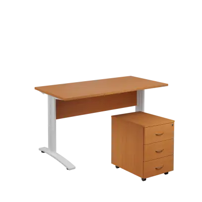 SET 547 stůl kancelářský, kovová podnož bílá + kontejner pojízdný, 3-zásuvkový, buk royal