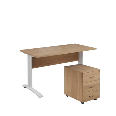 SET 547 stůl kancelářský, kovová podnož bílá + kontejner pojízdný, 3-zásuvkový, dub bardolino